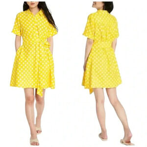 LISA MARIE FERNANDEZ Yellow/White Polka Dot Short Blouson Dress SS Linen Blend L